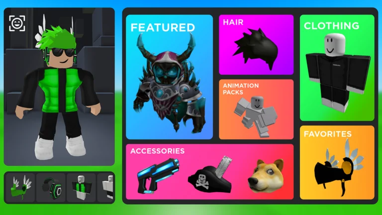 Catalog Avatar Creator try-on UI — avatar shop categories: featured, hair, clothing, animation packs, accessories and favorites